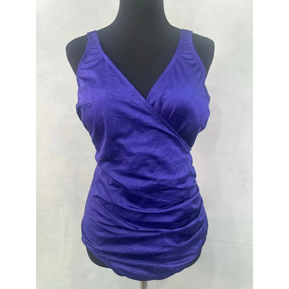 Miraclesuit Vintage Purple Ruched Wrap One Piece Swimsuit Size 14 Shaping Retro